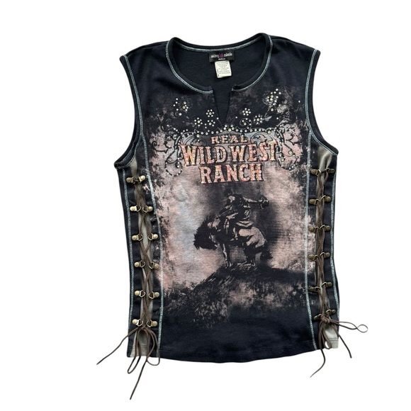 Y2K Made in USA Skinny Minnie Lace up Rhinestone Cowboy Graphic Tee size Medium - Picture 10 of 14